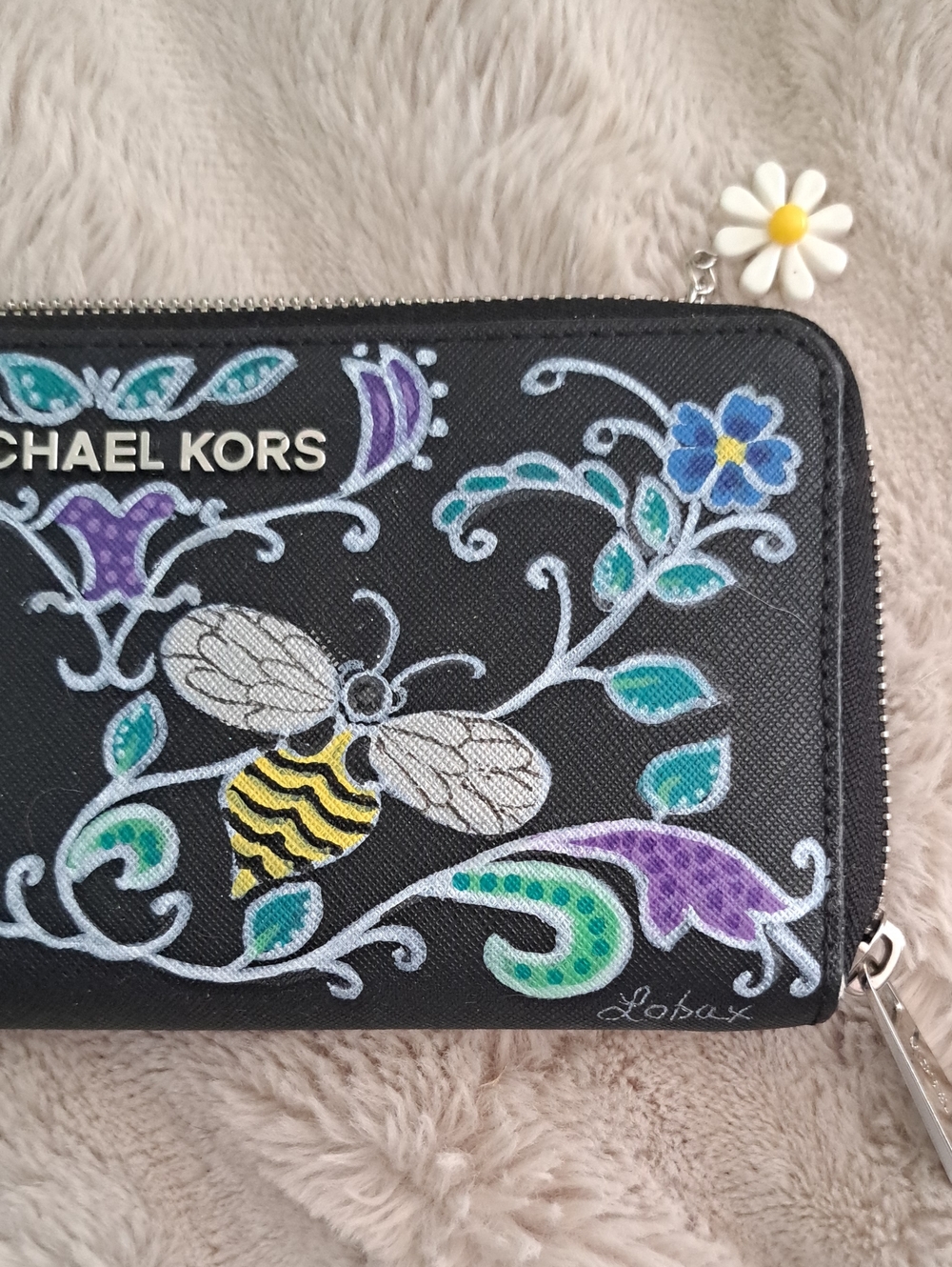 Hand Painted Leather Black Floral & Bee Zip Wallet with Blue and Purple Accents - Picture 9 of 9